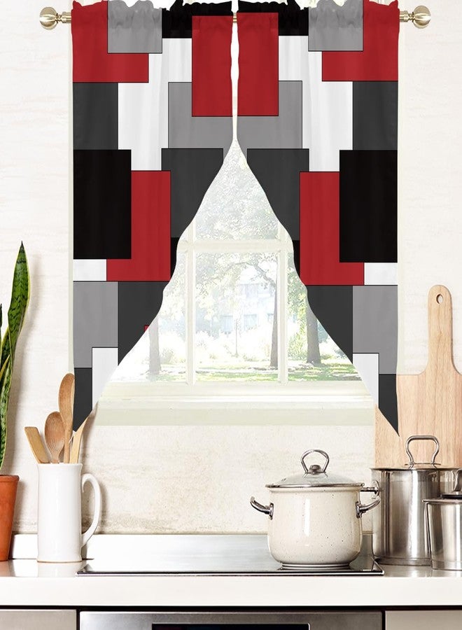 AAtter Red and Black Kitchen Valance Curtain for Window White Grey Gray Abstract Geometric Square Small Short Home Living Room Bedroom Bathroom Drape Fabric 1 Pair, 28" W x 36" L, Modern - Image 1